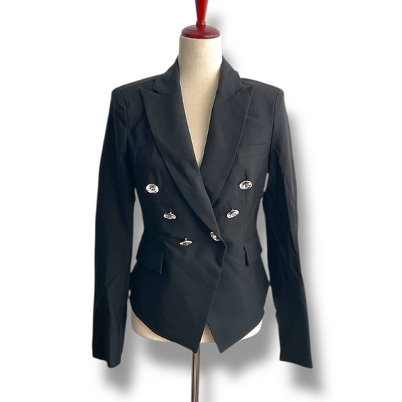 Choosy Black Cropped Double Breasted Jewel Button Fitted Notch Collar Blazer - Picture 1 of 8